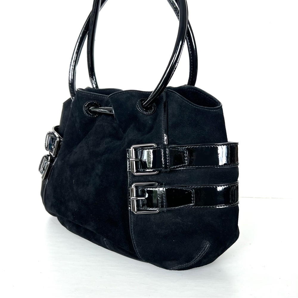 COLE HAAN Black Suede w Patent Leather Side Buckle Pockets Shoulder Bag Tote - Picture 6 of 14